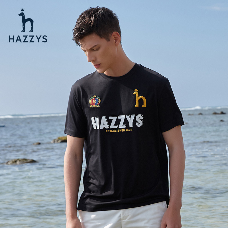 Hazzys高品質哈吉斯夏季新款休閒圓領印花短袖T恤衫男士寬鬆上衣潮513