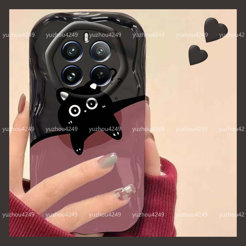 OPPO realme12 PRO+ 5G 手機殼防摔 realme 12pro+ 手機保護殼鏡頭全包可愛黑貓奶油卡通殼