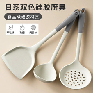 日式硅膠鍋剷傢用不粘鍋烹飪剷子湯勺漏勺傢用簡約灰白色廚具套裝