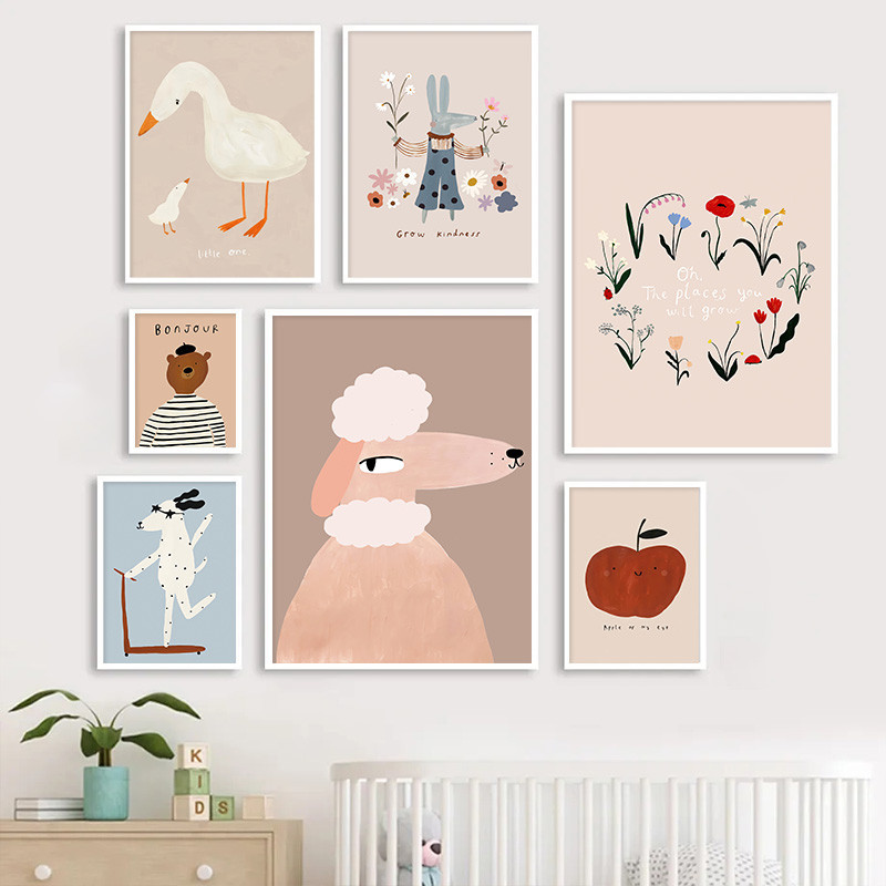 卡通動物兒童房裝飾海報狗鵝兔野花牆藝術帆布畫圖片托兒所嬰兒房裝飾