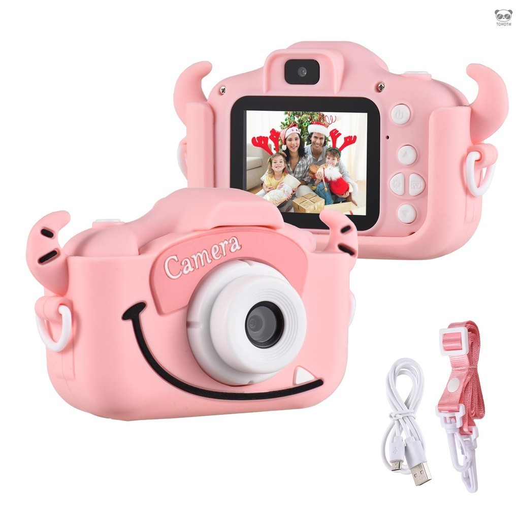 迷你卡通兒童數碼相機 1080P 兒童數碼攝像機雙鏡頭 2.0 英寸 IPS 屏幕內置電池可愛相框有趣的遊戲帶頸帶生日
