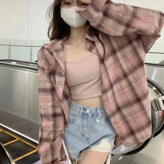 NaNa❤美飾 爆款粉色POLO領格子襯衫外套女裝2025年春夏季新款中長款長袖上衣