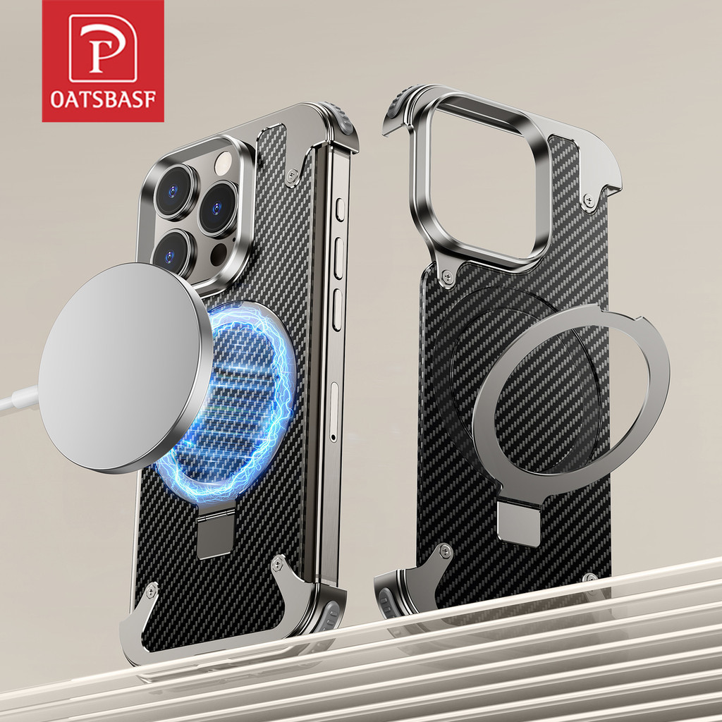 Oatsbasf 金屬無邊框保險槓碳纖維圖案手機殼帶內置支架,適用於 iPhone 13/14/15 Pro Max