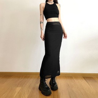 【特價6】韓版復古黑色網紗拼接半身裙女 高腰緊身顯瘦簡約直筒包臀長裙