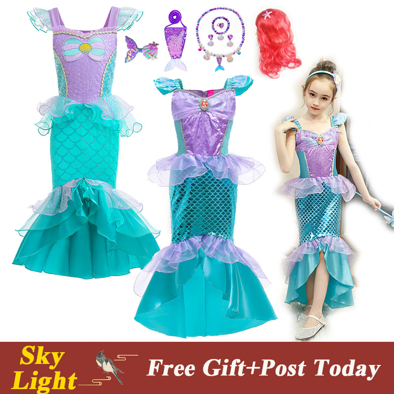 紫色藍色公主裙女嬰小美人魚服裝角色扮演愛麗兒萬聖節兒童聖誕服裝禮服