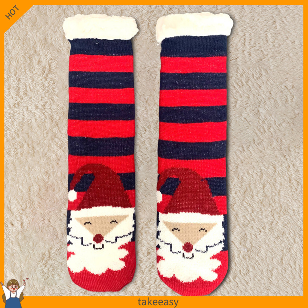 1 雙地板襪聖誕聖誕老人/馴鹿/兔子加厚夏爾巴襯裡中小腿彈力防寒防滑冬季保暖女式室內家用拖鞋睡襪
