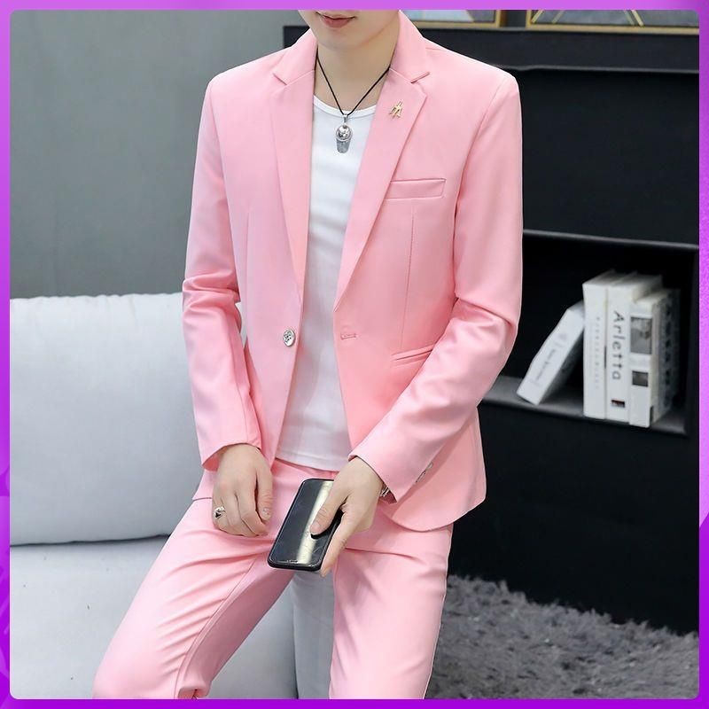 【台灣熱賣】 優選素色長袖西裝套裝男 網紅潮流男士粉色外套淨版小西裝兩件套送T恤