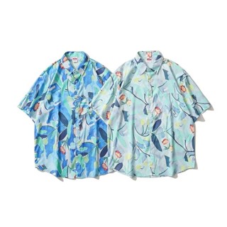 M-xxl 男女通用夏季男士短袖鈕扣夏威夷花卉襯衫日式植物印花復古度假沙灘翻領 Songkran 節日襯衫情侶上衣藍色
