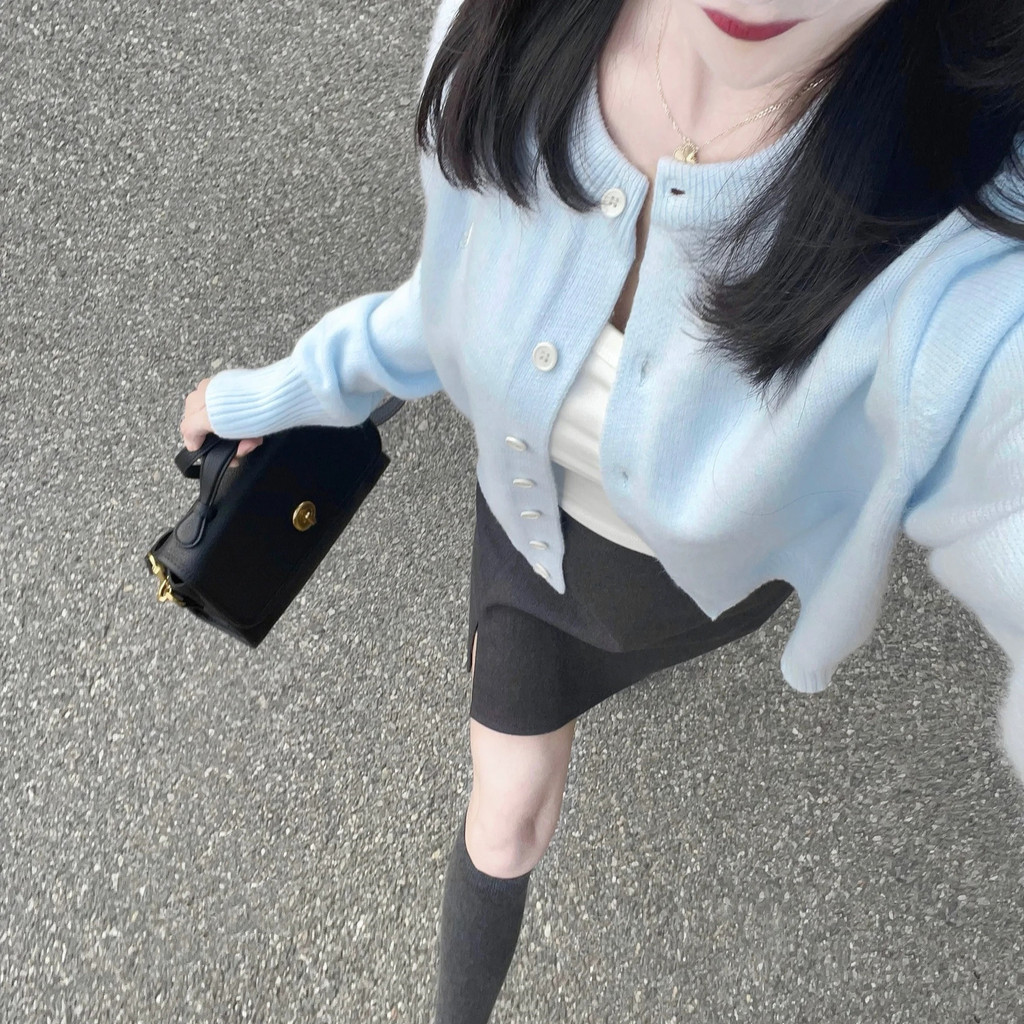FB8F 韓系軟糯感淺藍色針織衫春裝毛衣女外套新款簡約短版外穿小外套上衣