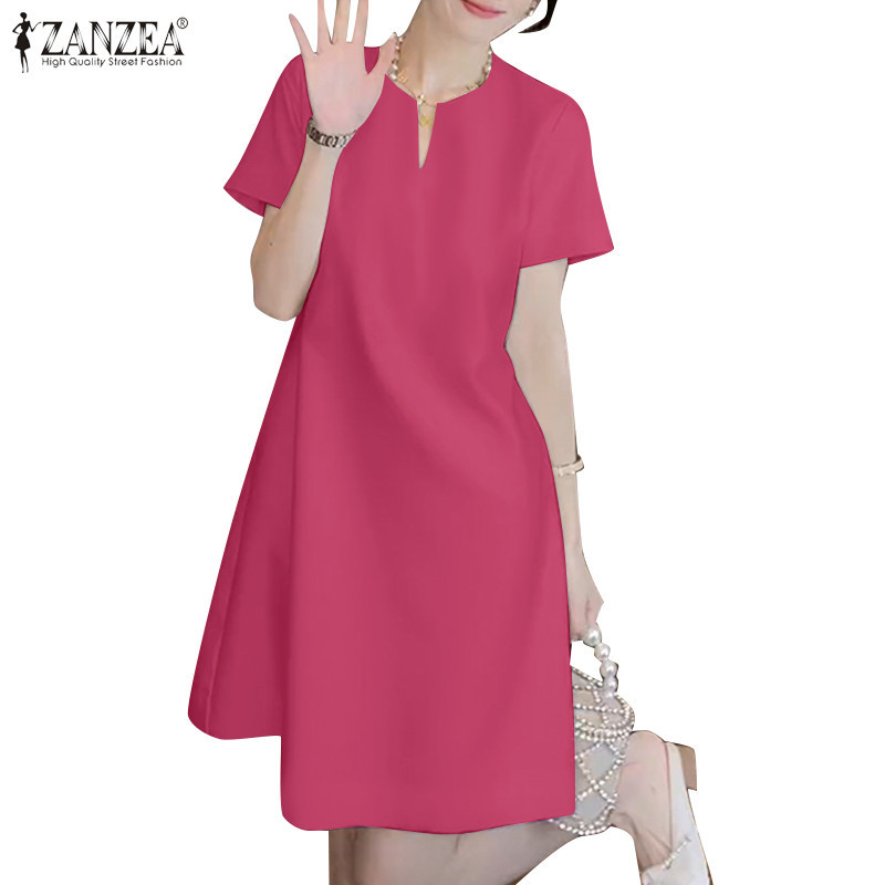 Zanzea 女式韓版短袖純色 V 領寬鬆 A 字下擺連衣裙