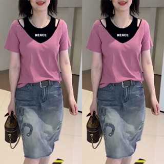 300斤特大碼韓版遮肚子女裝拼接假兩件短袖t恤胖mm顯瘦心機上衣夏 顯瘦上衣 短袖t恤 大尺碼女裝【PAPA】
