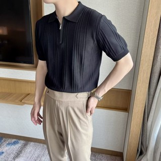 夏季短袖休閒拉鍊POLO衫 M-3XL 韓版緊身粗條紋型男翻領t恤 美式復古短袖針織polo衫