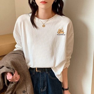 【臺灣出貨】XH 210g 純棉長袖T恤 oversize寬鬆衛衣內搭打底衫女 2024秋季新款上衣 圓領印花T恤 6