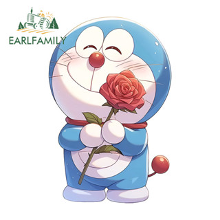 哆啦夢 Earlfamily 哆啦A夢帶玫瑰車貼卡通赤壁遮擋劃痕大篷車衝浪板窗戶防水乙烯基貼花有趣的汽車標籤