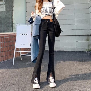 ParrotFashion 2025春秋新款 黑色開叉牛仔褲 高腰寬鬆顯瘦 拖地微喇叭