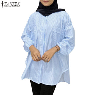 Zanzea 女式穆斯林條紋彎曲下擺口袋長袖鬆緊袖口襯衫