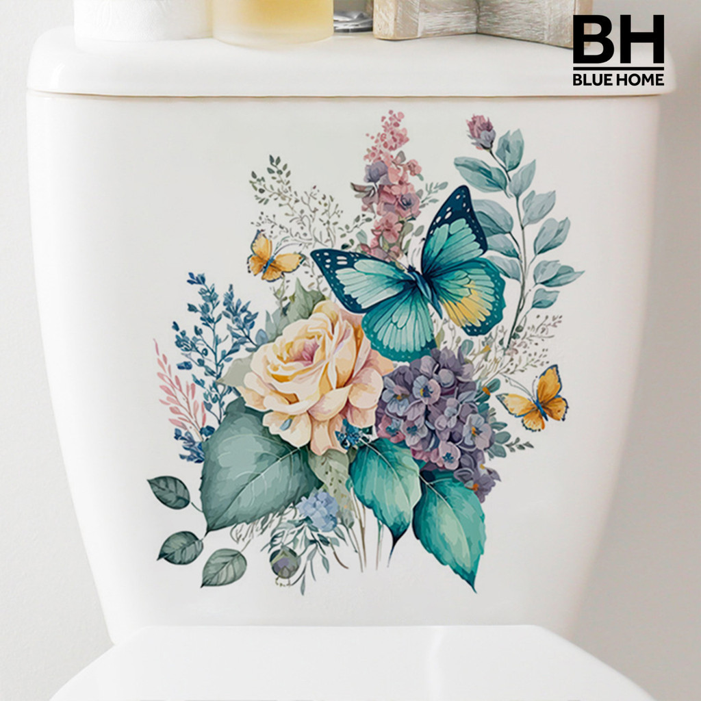 [藍家家居]明黃色花朵蝴蝶貼紙浴室衛生間防水貼畫馬桶蓋馬桶貼