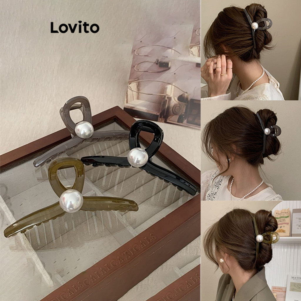 Lovito 女士休閒素色珍珠髮夾 LFA14414