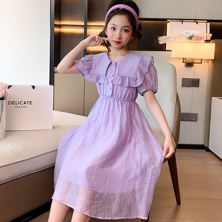 女童新款洋氣時尚夏季洋裝女孩中大童紫色天絲棉公主洋裝
