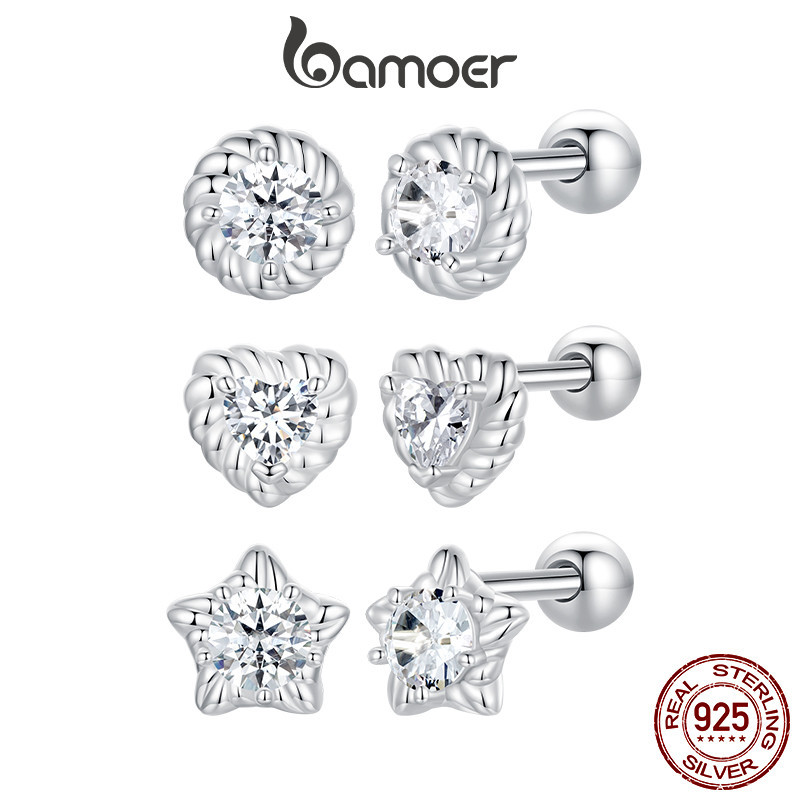 Bamoer 925 純銀耳環 0.15 克拉莫桑石星空心形圓形設計閃亮珠寶女士禮物