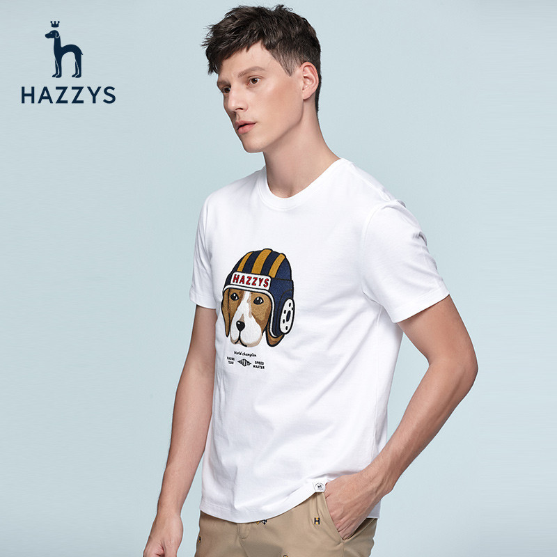 哈吉斯Hazzys高品質夏季男士圓領休閒短袖T恤時尚寬鬆上衣513
