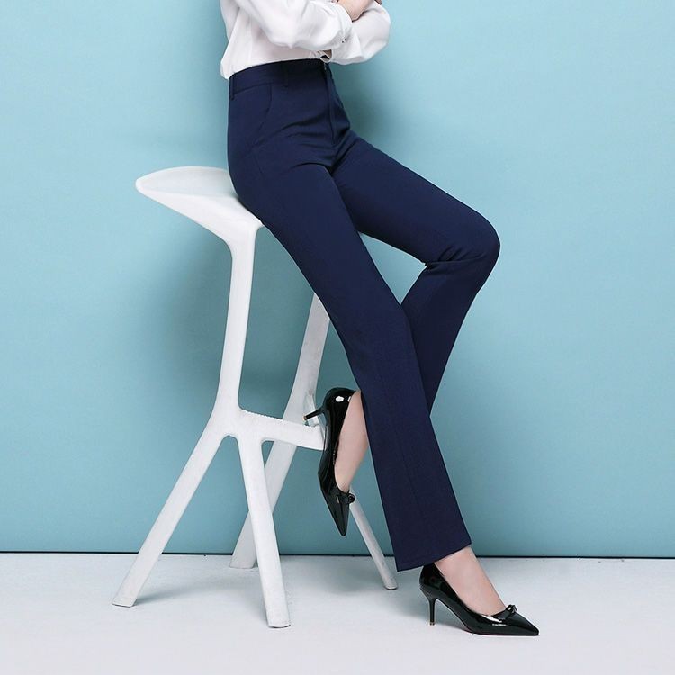 【推薦】春秋女士高檔直筒褲女高腰直筒職業工裝西裝工作褲藍色西裝褲