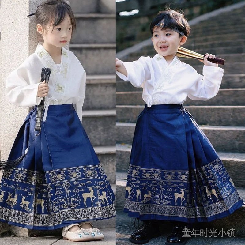 馬麵裙女童男童2024新款中國刺繡漢服兒童套裝小孩男女唐裝古裝