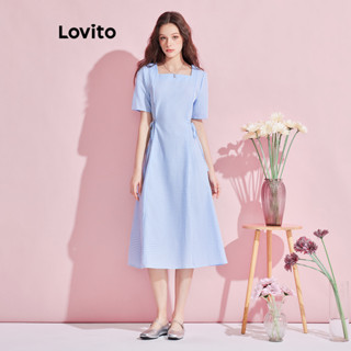Lovito 女士休閒格紋抽繩泡泡袖洋裝 L74ED307