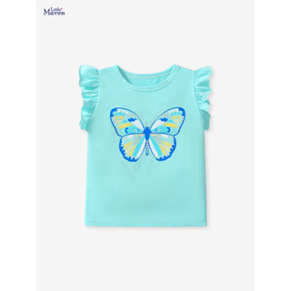 夏季純棉花邊袖青色上衣蝴蝶印花運動衫女童T恤