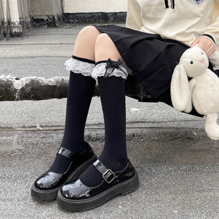 小腿襪可愛黑色蕾絲花邊蝴蝶結襪子女中筒長筒襪