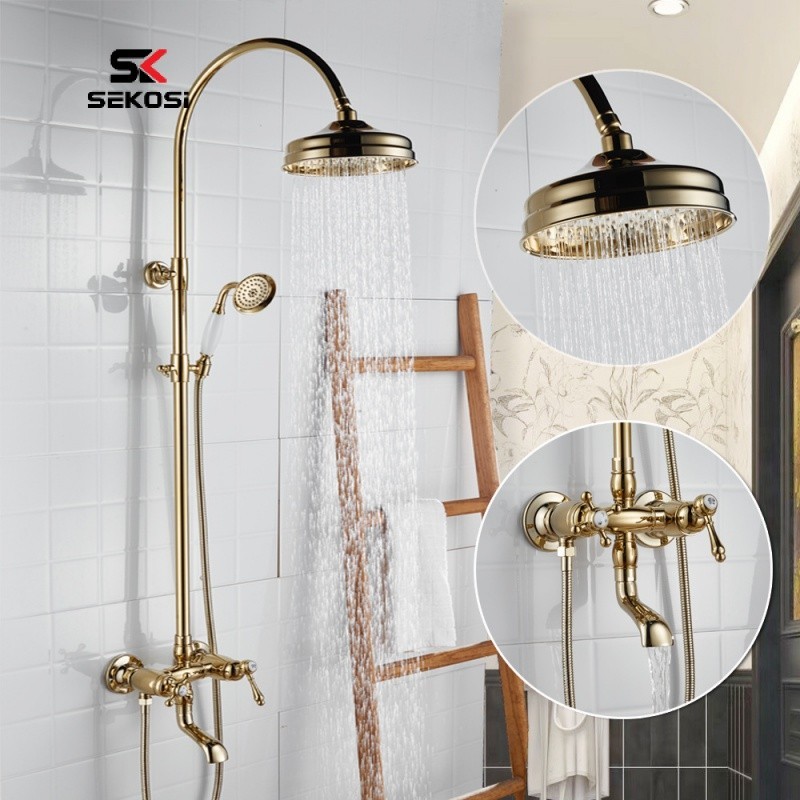 SK輕奢法式黃銅金色花灑 復古家用淋浴冷熱水龍頭可升降花灑套裝浴室100%