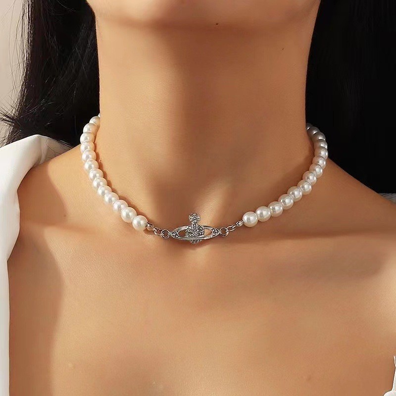 Vivienne Westwood 星球玻璃珍珠項鍊時尚ins金屬鍍金鎖骨項鍊女