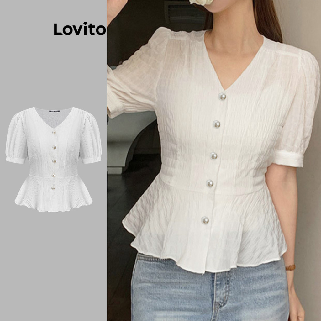 Lovito 女士休閒襯衫素色荷葉邊下擺泡泡袖襯衫 L114AD380