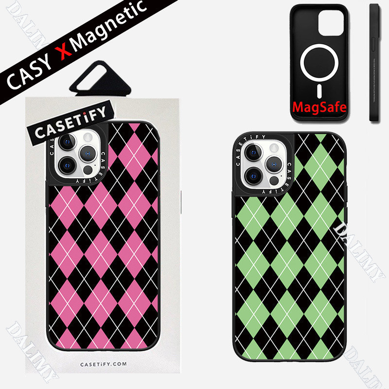 Casetifp 原裝綠色粉色鑽石格子手機殼適用於 IPhone 15 Pro Max 11 12 13 14 全磁充電