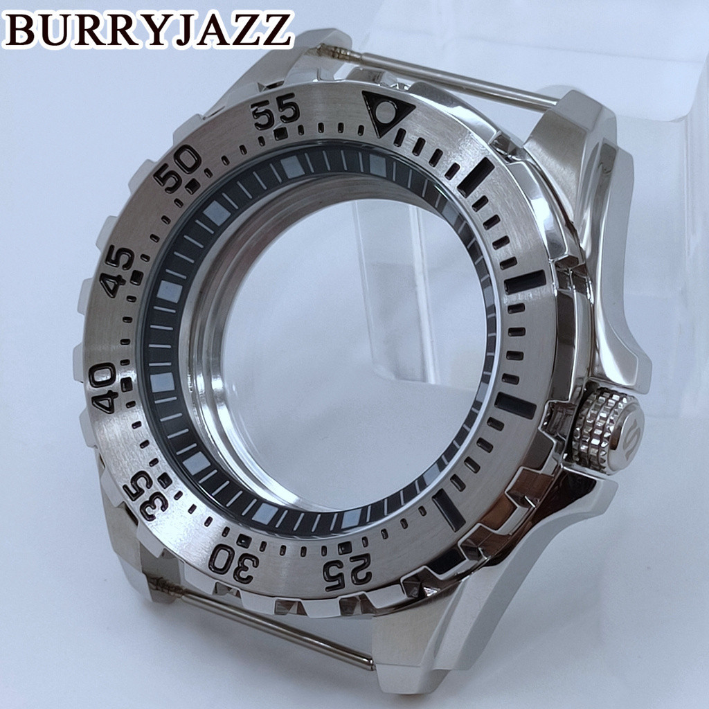 Pj BURRYJAZZ 44 毫米銀黑色不銹鋼錶殼礦物玻璃適合 NH34 NH35 NH36 NH38 NH39 NH
