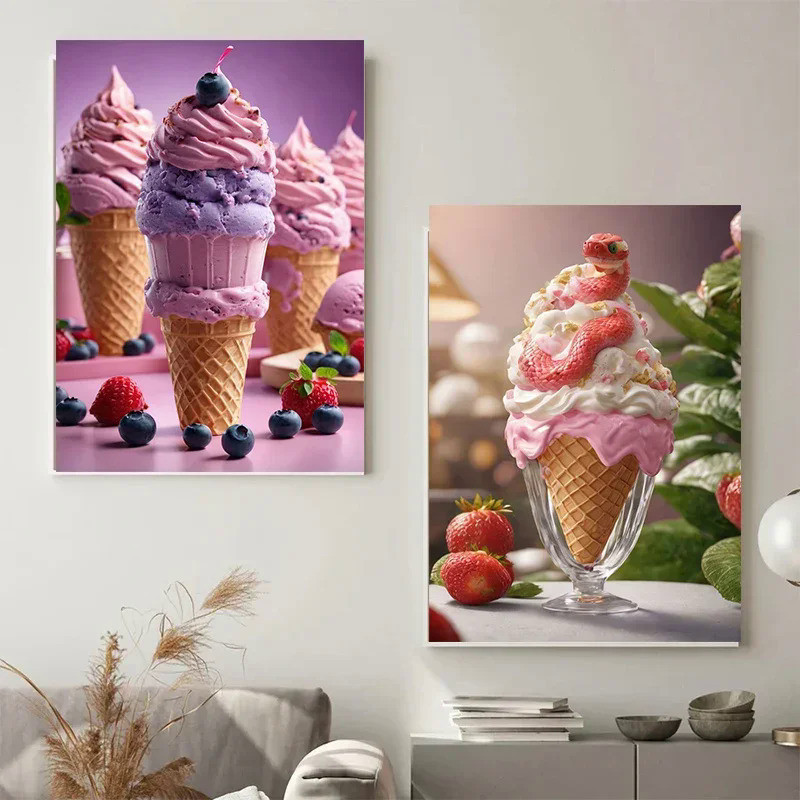 食物粉紅色藍莓草莓冰淇淋香草藍色冰藝術海報帆布繪畫牆壁印刷圖片用於房間家居裝飾