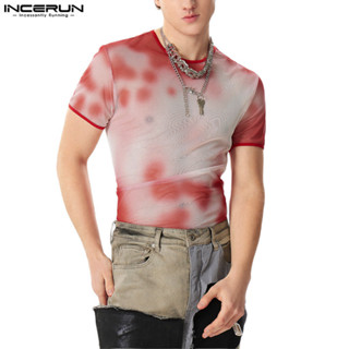 Incerun 男士復古時尚鏤空印花短袖設計 T 恤