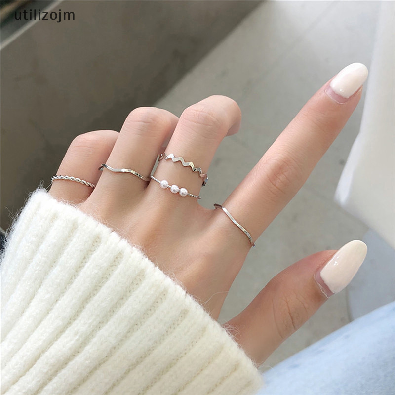 Utilizojm 5 件/套時尚珠寶戒指套裝金屬空心圓形開口女士手指戒指女孩女士派對結婚禮物全新