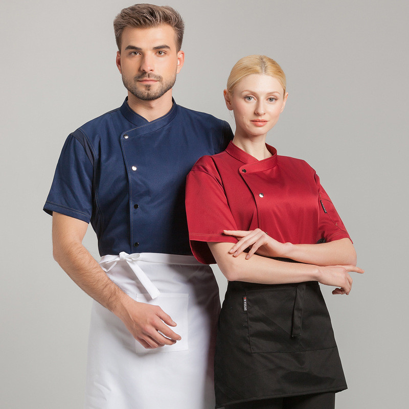 【苗苗】【石航廚師服】廚師工作服短袖薄款夏季酒店餐飲食堂後廚房廚師服刺繡透氣吸汗男.速飾瑜