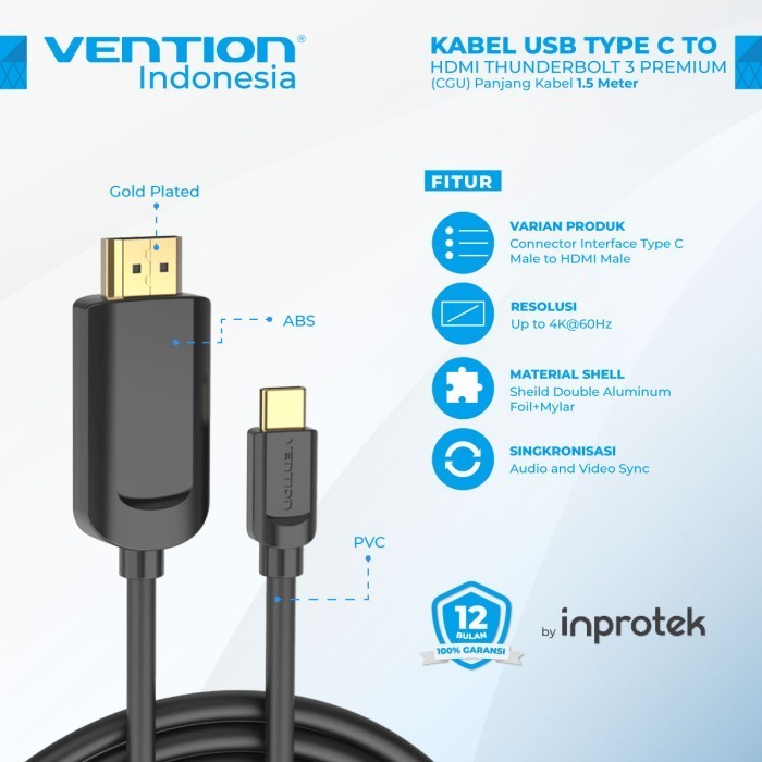 Vention USB 電纜 C 型轉 HDMI Thunderbolt 3 CGU 1.5 米