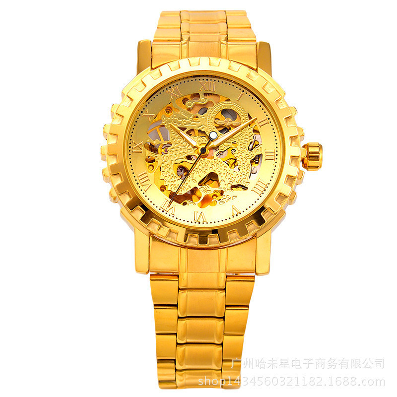 新款土豪金機械手錶 黃金手錶 齒輪邊個性鏤空手錶 潮男個性手錶 手錶 腕錶