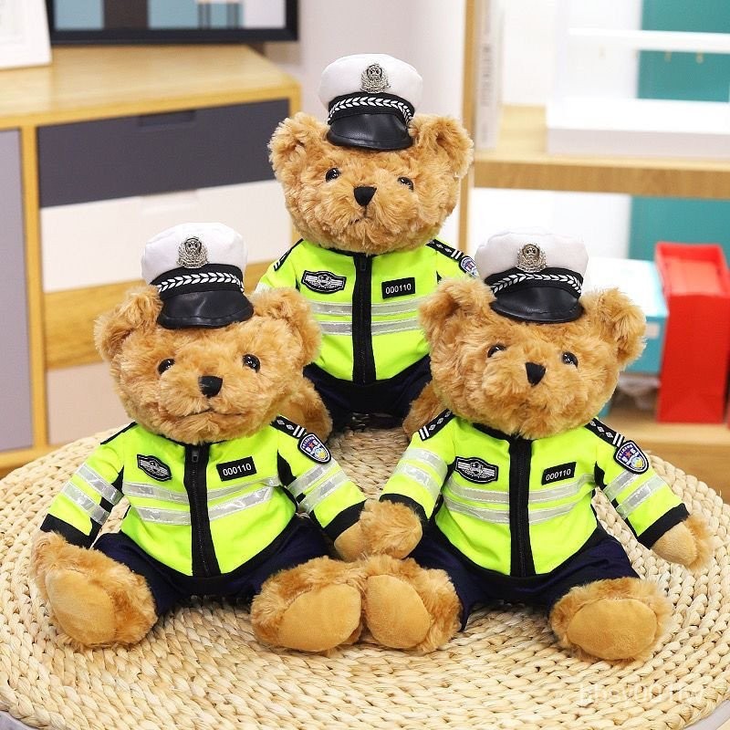網紅交警小熊鐵騎公仔警察泰迪玩偶警官送禮物機車泰迪熊毛絨玩具 JWG6