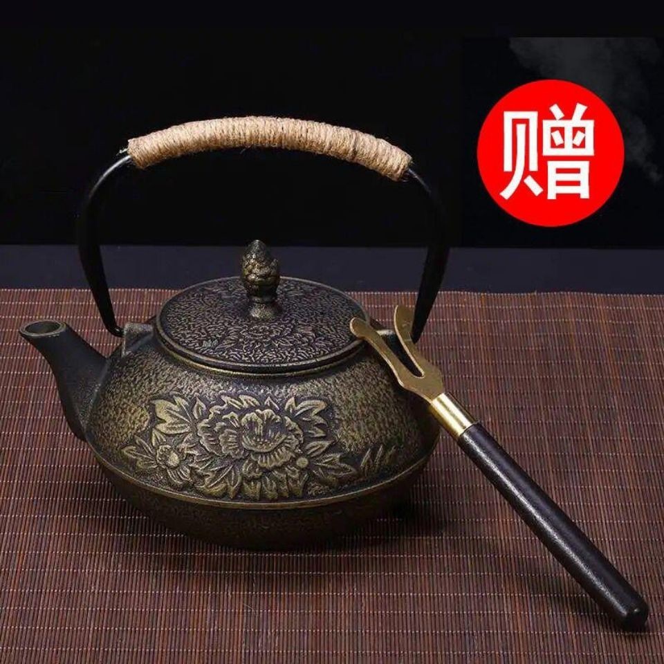 牡丹鑄鐵壺 無塗層燒水壺 煮茶器手工生鐵茶壺老鐵壺日本南部鐵瓶