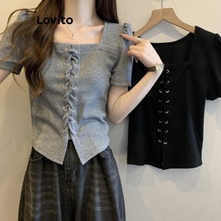 Lovito 女士休閒素色抽繩正面 T 恤 LNE37001 (灰色/黑色)