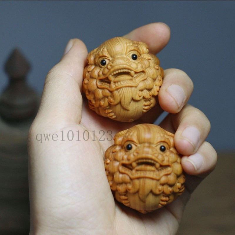 黃楊木雕刻獅子頭貔貅手球手部按摩實木動物工藝品送禮長輩手把件✔️