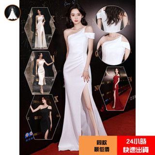 白色禮服長裙長禮服女名媛性感一字領單肩魚尾洋裝吊帶裙婚禮洋裝伴娘禮服無袖露背長洋裝尾牙主持禮服單肩晚禮服長洋裝魚尾裙高開