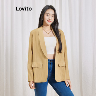 Lovito 女休閒素色墊肩西裝外套 LBL06156 (卡其色)
