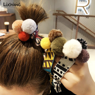 洛陽牡丹 韓國扁條打結髮圈 丸子頭飾 高彈性發飾 彩毛球頭繩 女士女童髮飾