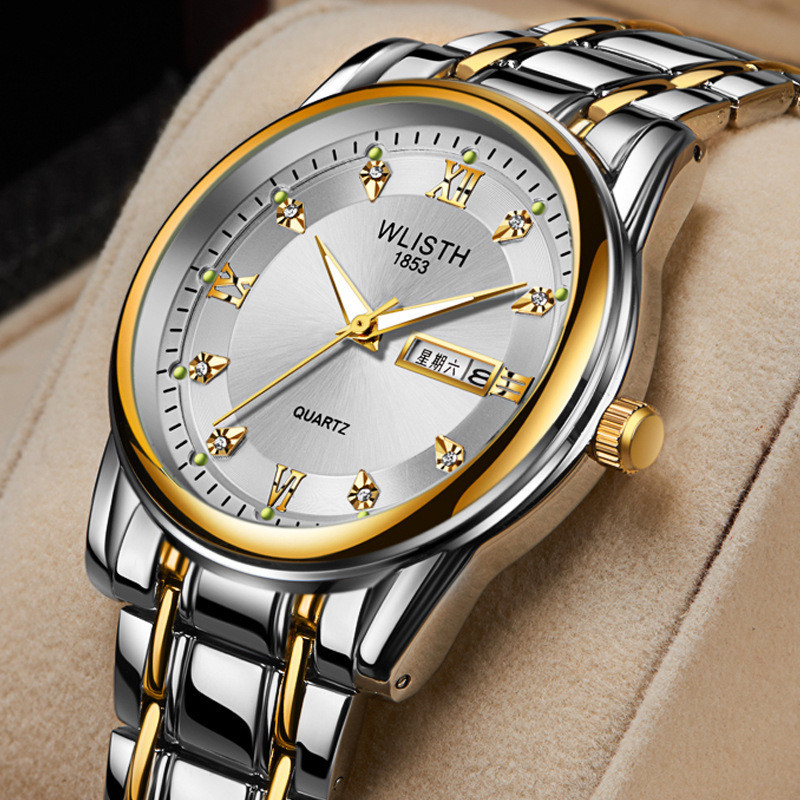 男士手錶防水男表鋼帶手錶雙日曆石英錶時尚手錶