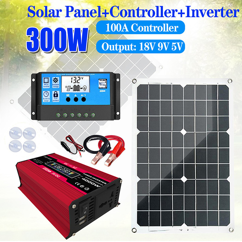 #Spot 商品# 太陽能電池板套件 USB 充電太陽能電池板帶 30A 控制器 12V-220V 逆變器戶外